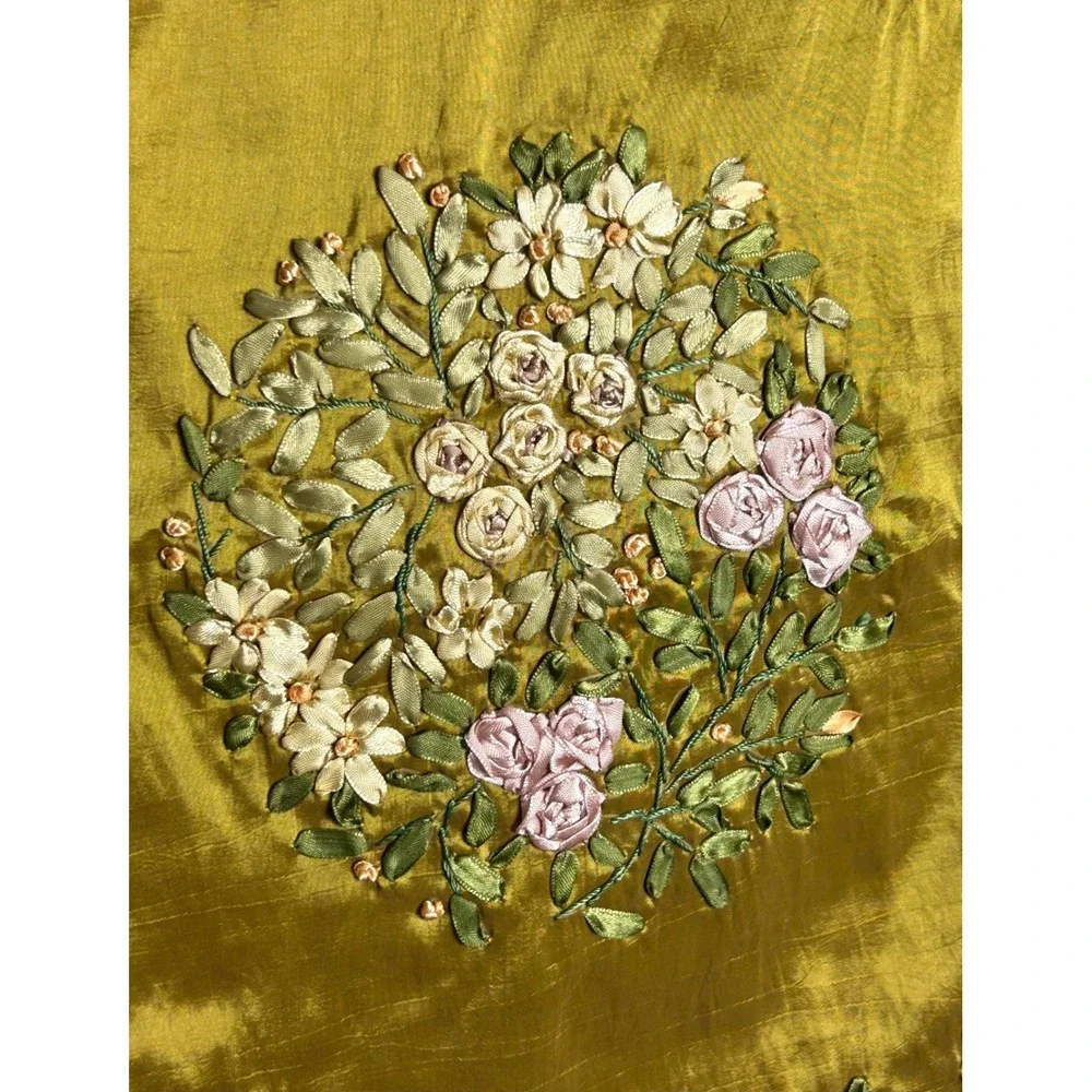 Huayu Set of 2 Gold Ribbon Embroidery Floral Pillow Covers 17.5x17.5 LH04-555